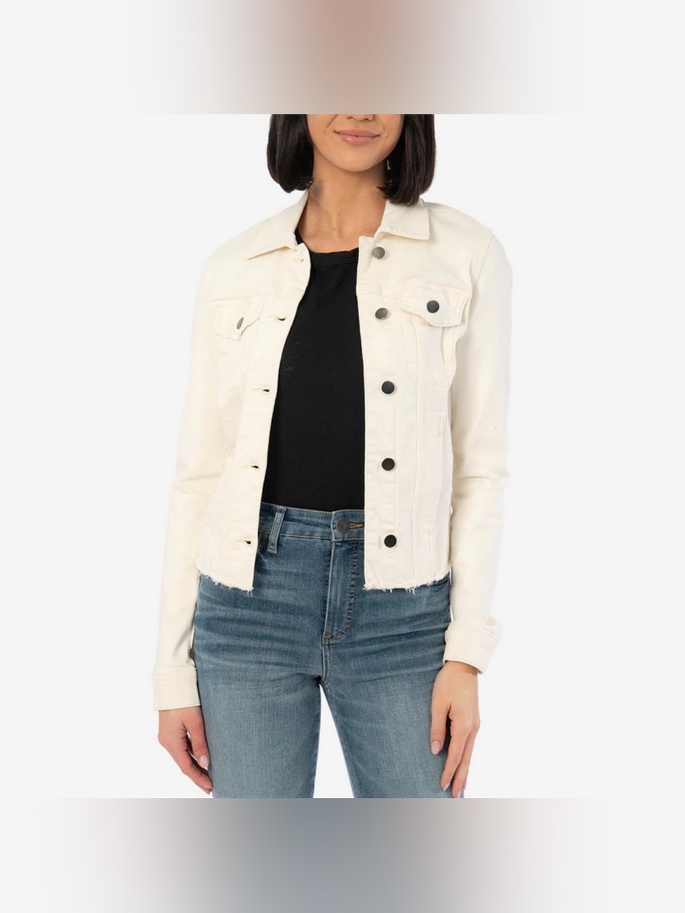 KUT FROM THE KLOTH  Julia Cropped Off White Ivory Denim Raw Hem Jacket
